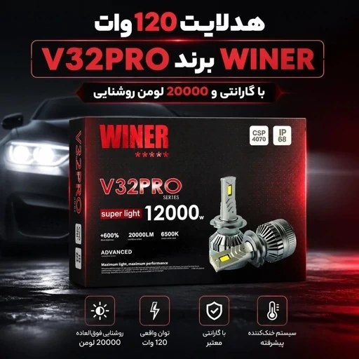 هدلایت خودرو وینر WINER مدل V32 PRO با چیپ CSP 4070 و توان 12000 وات